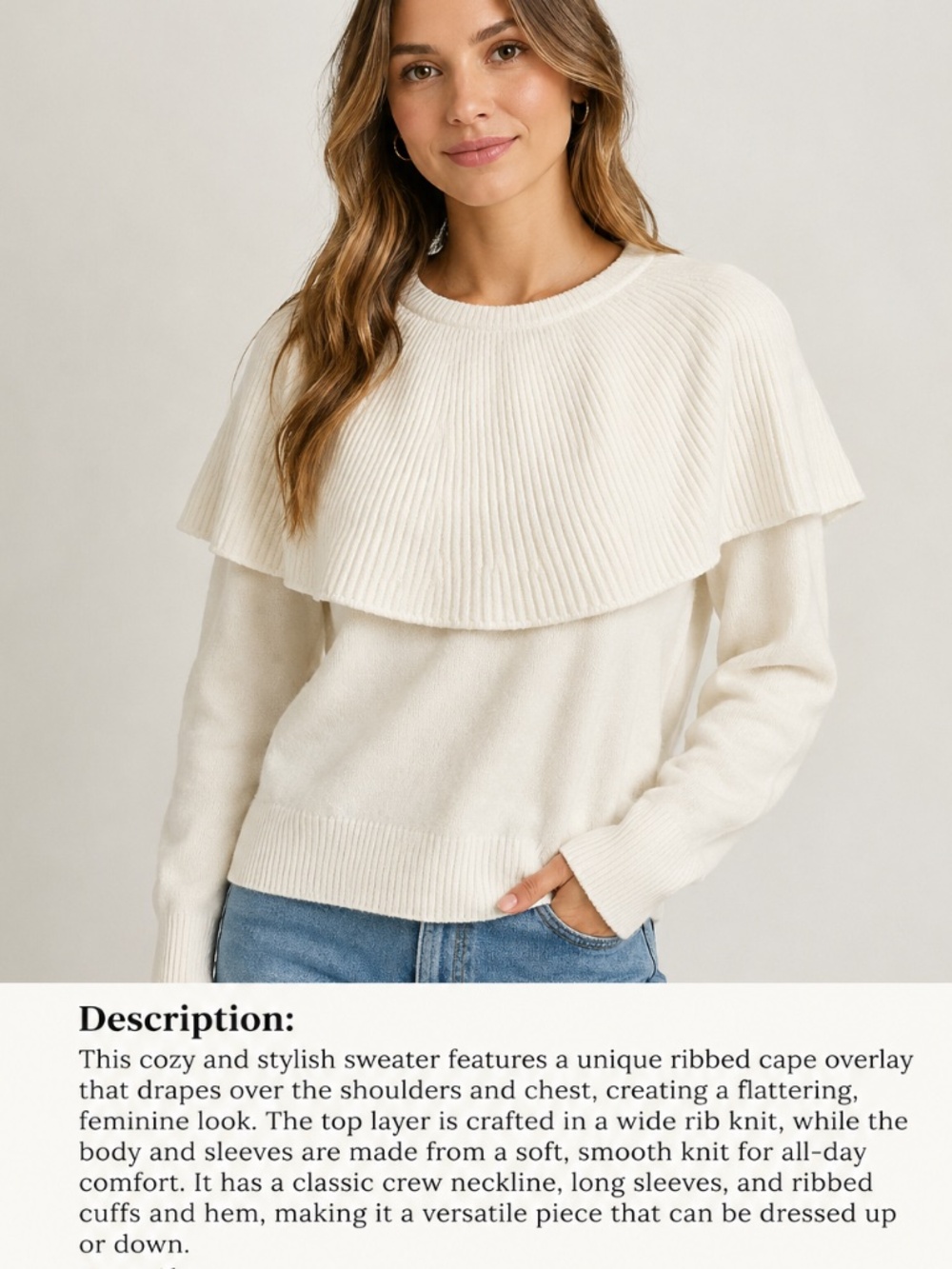NWT INC white transitional sweater with ribbed cowl cape overlay Lg